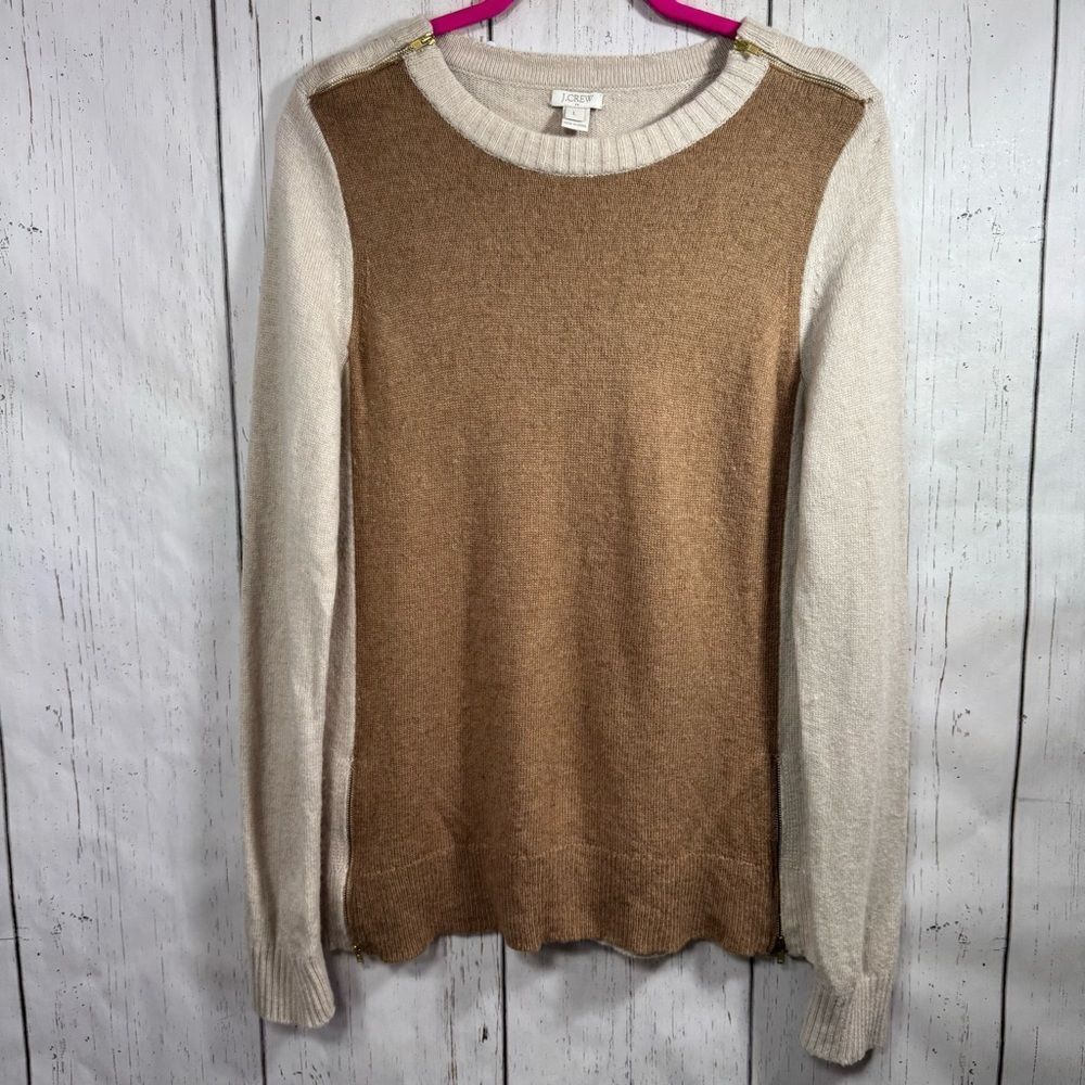 J.Crew Colorblock Merino Wool Blend Sweater Tan Cream Size L Minimalist Cozy